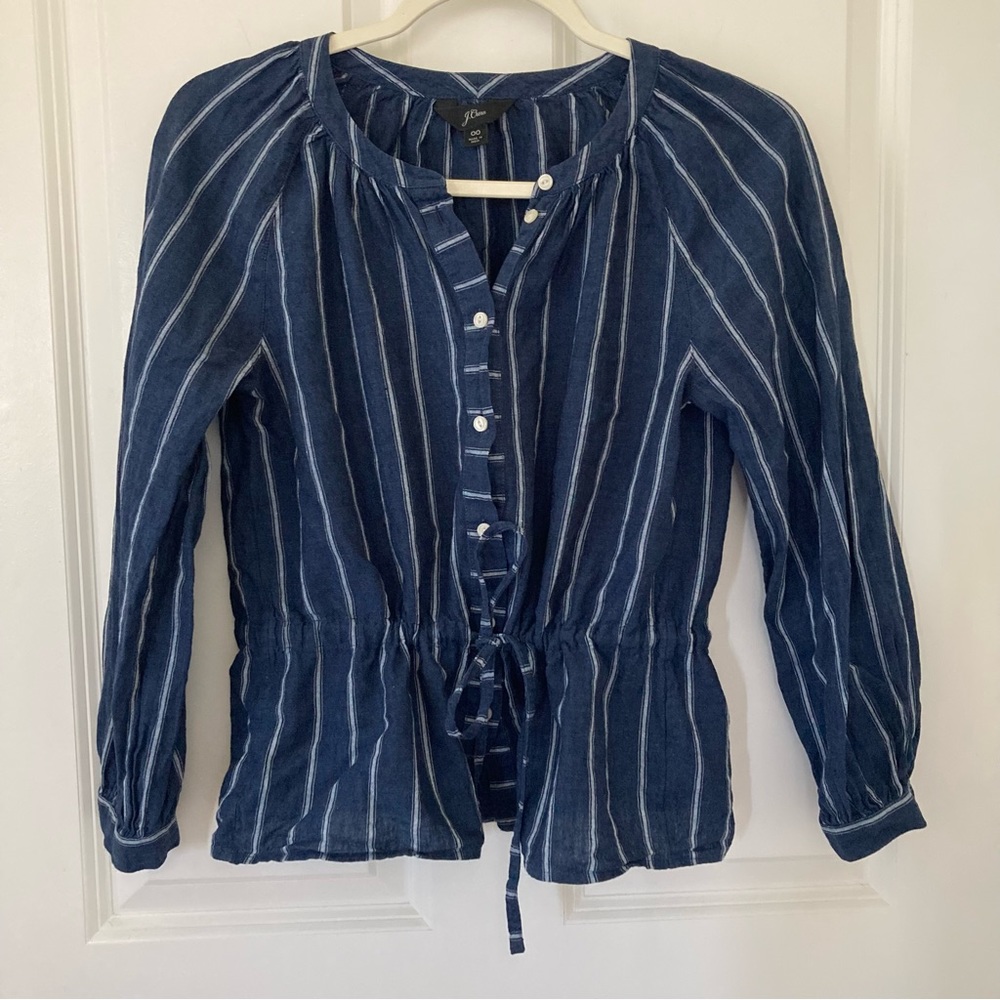 J Crew stripes blouse shirt linen blend navy blue white button cinch tie sz 00